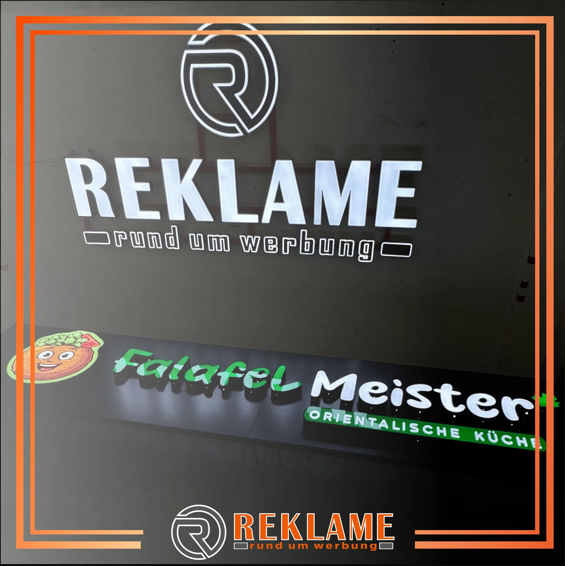 Falafel Meister — 3D-Buchstaben mit Frontbeleuchtung · Markenlogo